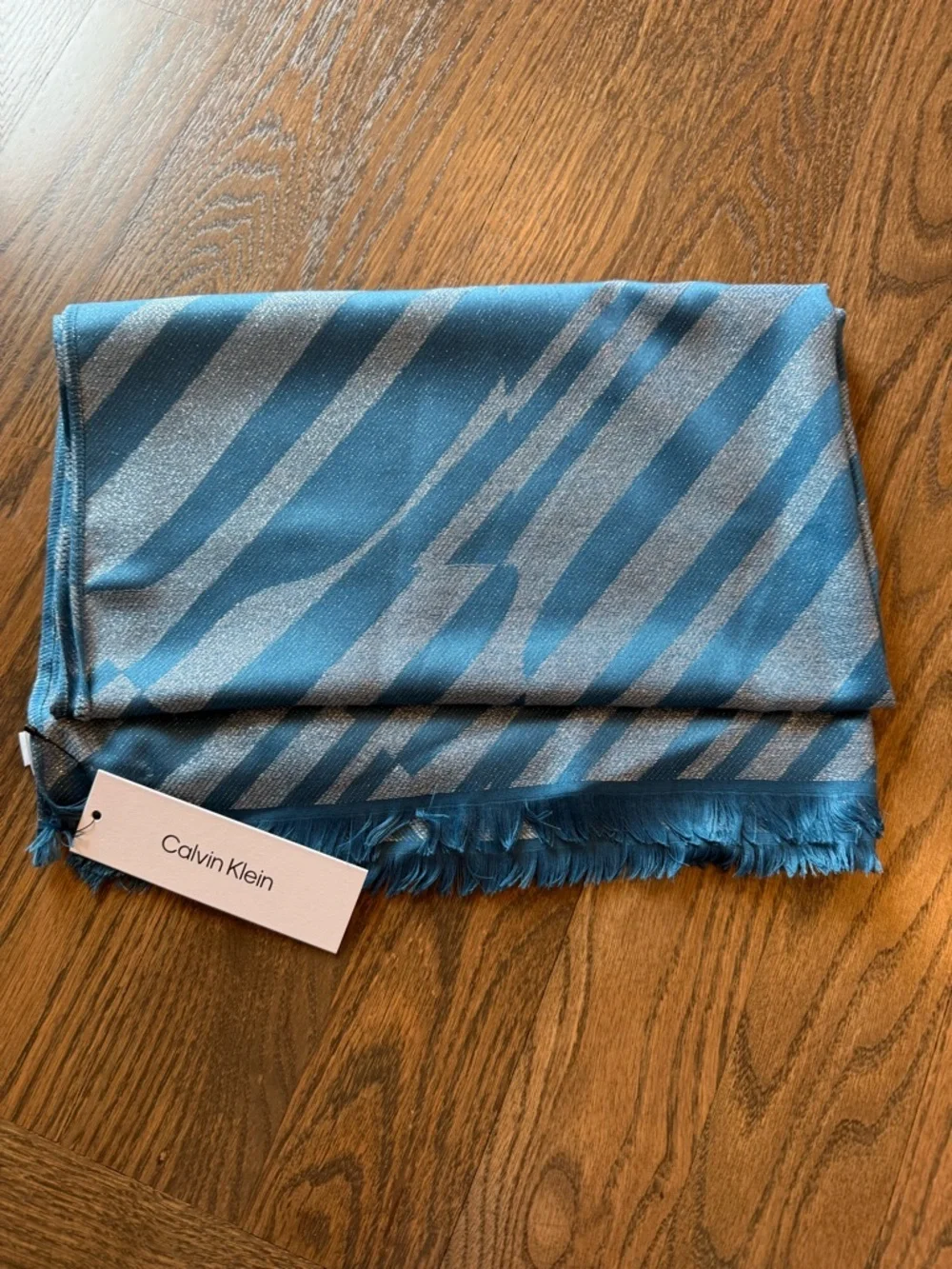 Calvin Klein Teal and Silver geometric Zebra-Stripe Wrap Scarf
